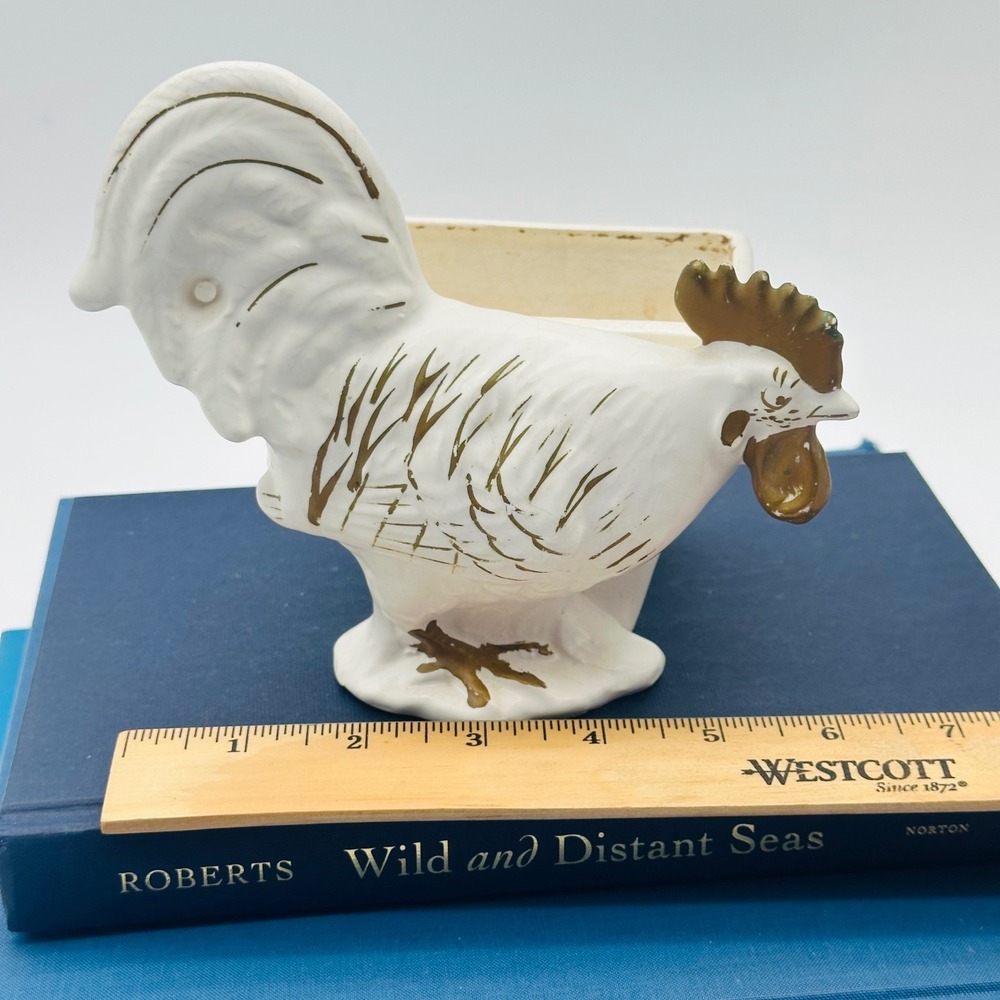 Wales Vintage Ceramic Rooster Planter White Gold Made in Japan - Picture 3 of 9
